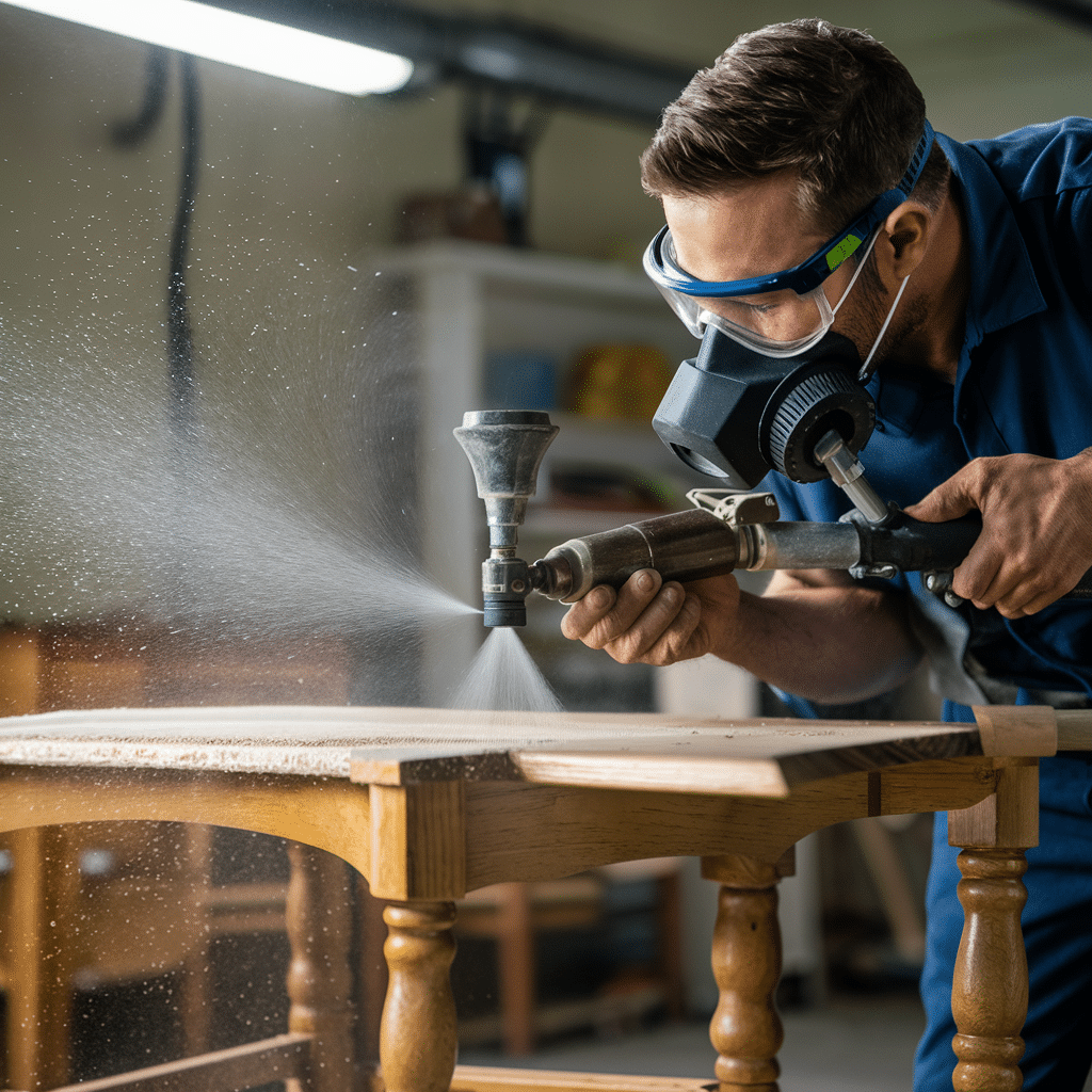 une personne réalise un aérogommage sur du bois
